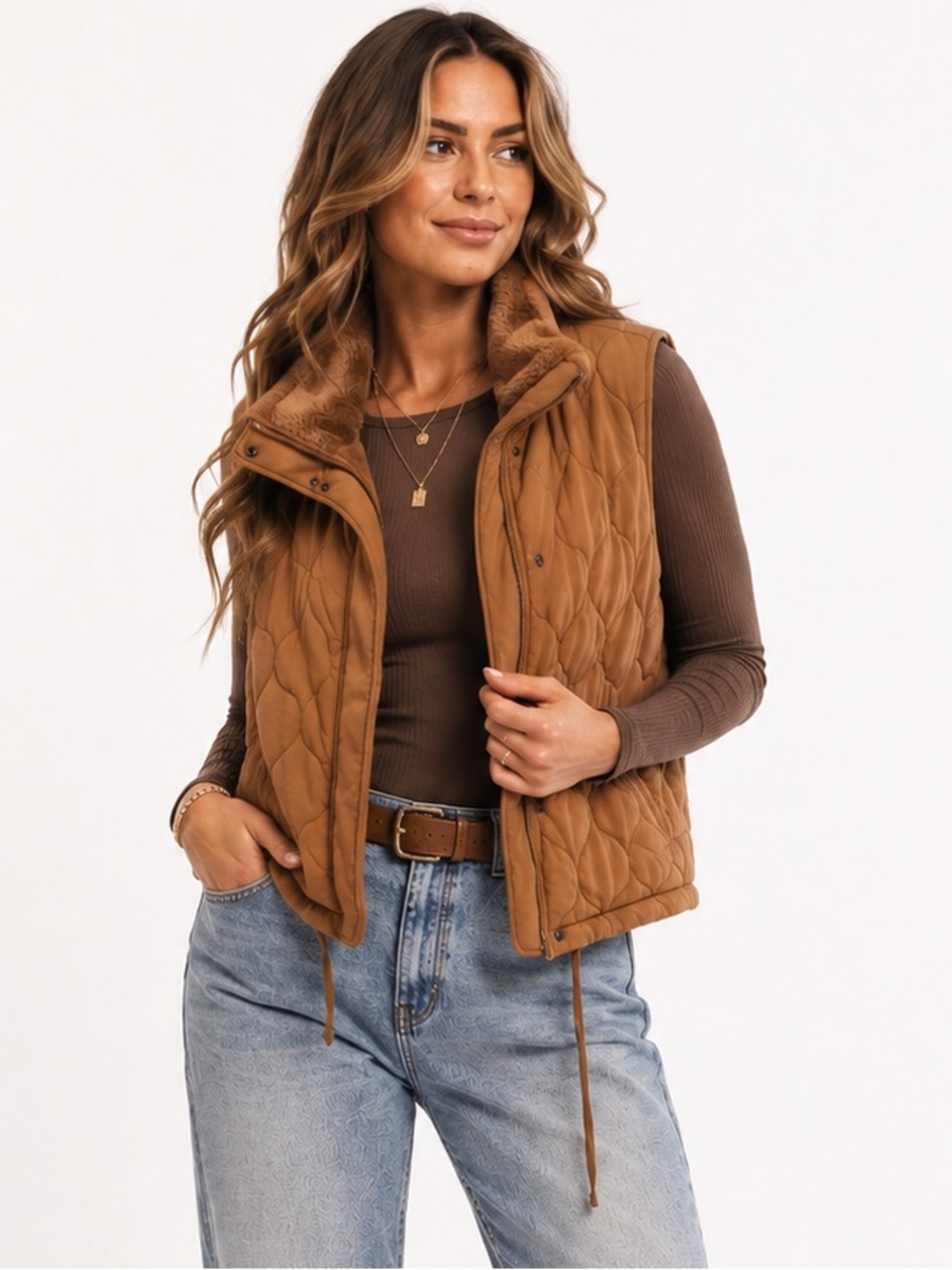 CALIA Quilted Vest Large Brown Faux Fur Collar Full Zip Pockets Drawstring‎ Hem